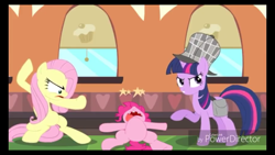 Size: 1240x698 | Tagged: safe, imported from derpibooru, fluttershy, pinkie pie, twilight sparkle, earth pony, pegasus, pony, unicorn, mmmystery on the friendship express, abuse, action pose, angry, badass, circling stars, female, flutterbadass, knocked out, missing teeth, on back, parody, pinkiebuse, scene parody, the naked gun, tongue out, unconscious, unicorn twilight