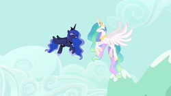 Size: 1920x1080 | Tagged: safe, imported from derpibooru, screencap, princess celestia, princess luna, alicorn, pony, between dark and dawn, chestplate, crown, cute, cutelestia, duo, ethereal mane, ethereal tail, eyes closed, eyeshadow, female, flowing mane, flowing tail, flying, grin, hoof shoes, jewelry, lunabetes, makeup, mare, multicolored mane, multicolored tail, peytral, regalia, royal sisters, siblings, sisters, smiling, spread wings