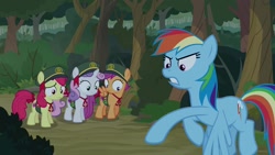 Size: 1920x1080 | Tagged: safe, imported from derpibooru, screencap, apple bloom, rainbow dash, scootaloo, sweetie belle, pony, between dark and dawn, cutie mark crusaders, filly guides, filly scouts, scrunchy face