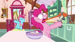 Size: 1920x1080 | Tagged: safe, imported from derpibooru, screencap, cup cake, pinkie pie, earth pony, pony, between dark and dawn, duo, faic, female, kitchen, long tongue, mare, ouch, pain, stuck, sugarcube corner, tongue out, whisk