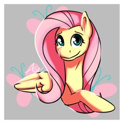 Size: 1024x1024 | Tagged: safe, artist:acelinjack, imported from derpibooru, fluttershy, pegasus, pony, bust, cutie mark background, female, folded wings, looking at you, mare, portrait, smiling, solo, three quarter view, wings