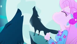 Size: 1883x1080 | Tagged: safe, imported from derpibooru, screencap, fluttershy, wolf, equestria girls, equestria girls series, the last drop, the last drop: fluttershy, spoiler:eqg series (season 2), awoo, clothes, female, howling, three wolf moon
