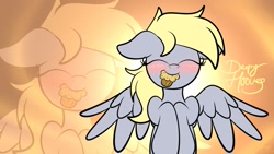 Size: 1920x1081 | Tagged: dead source, safe, artist:kimjoman, artist:php142, imported from derpibooru, derpy hooves, pegasus, pony, blushing, commission, cute, eyes closed, female, food, mare, mouth hold, muffin, nom, solo, spread wings, wings, zoom layer