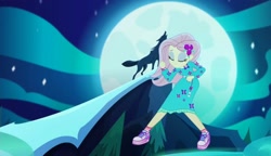 Size: 1881x1080 | Tagged: safe, imported from derpibooru, screencap, fluttershy, wolf, equestria girls, equestria girls series, the last drop, the last drop: fluttershy, spoiler:choose your own ending (season 2), spoiler:eqg series (season 2), clothes, female, moon, shoes, sneakers