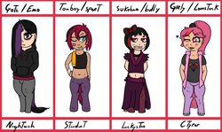 Size: 1826x1089 | Tagged: safe, artist:lazerblues, imported from derpibooru, oc, oc:citypop, oc:luckystar, oc:nightwish, oc:stardust, satyr, bat with nails, belly button, clothes, emo, goth, midriff, offspring, offspring's offspring, parent:oc:bella, parent:oc:strawberry soda, sukeban, tomboy, towel, vest