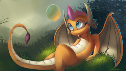 Size: 4000x2250 | Tagged: safe, artist:auroriia, imported from derpibooru, smolder, dragon, blue eyes, bubble, cute, cute little fangs, dragoness, fangs, female, grass, looking at something, looking up, nature, outdoors, scenery, sitting, smolderbetes, solo, tail, wings