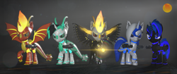 Size: 3840x1620 | Tagged: safe, artist:phoenixtm, imported from derpibooru, oc, oc:archie cloud, oc:delta firedash, oc:jinx ardor, oc:zyra, alicorn, bat pony, bat pony alicorn, dracony, hybrid, pony, robot, robot pony, 3d, alicorn oc, armor, bat pony oc, dracony alicorn, god of fire, group, lens flare, looking at you, minigun, source filmmaker, spread wings, weapon, wings