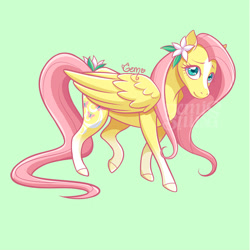 Size: 787x787 | Tagged: safe, artist:geminineart, imported from derpibooru, part of a set, fluttershy, pegasus, pony, spoiler:g5, alternate design, blaze (coat marking), coat markings, cute, facial markings, female, flower, flower in hair, fluttershy (g5 concept leak), fluttershy (g5), folded wings, g5, g5 concept leak style, g5 concept leaks, green background, looking at you, mare, raised leg, shyabetes, simple background, smiling, socks (coat marking), socks (coat markings), solo, standing, three quarter view, watermark, wings