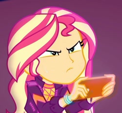 Size: 1139x1059 | Tagged: safe, imported from derpibooru, screencap, sunset shimmer, equestria girls, equestria girls series, the last drop, spoiler:choose your own ending (season 2), spoiler:eqg series (season 2), angry, cellphone, clothes, cropped, female, game, gamer sunset, music festival outfit, phone, shrunken pupils, smartphone, solo