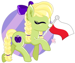 Size: 1720x1444 | Tagged: safe, artist:pokeponyeq, imported from derpibooru, oc, oc only, oc:apple pattern, earth pony, pony, bow, braid, braided tail, female, flag, hair bow, mare, mouth hold, offspring, parent:applejack, parent:trenderhoof, parents:trenderjack, poland, polish flag, simple background, solo, transparent background