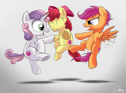 Size: 3934x2908 | Tagged: safe, artist:oinktweetstudios, imported from derpibooru, apple bloom, scootaloo, sweetie belle, earth pony, pegasus, pony, unicorn, the last crusade, cutie mark, cutie mark crusaders, eyes closed, female, filly, jumping, looking at each other, simple background, the cmc's cutie marks, white background