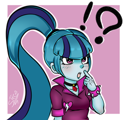 Size: 950x909 | Tagged: safe, artist:steca, imported from derpibooru, sonata dusk, equestria girls, rainbow rocks, abstract background, bust, cute, exclamation point, female, gem, interrobang, pixiv, question mark, siren gem, solo, sonatabetes