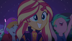 Size: 1908x1080 | Tagged: safe, imported from derpibooru, screencap, aqua blossom, fry lilac, lemon zack, sunset shimmer, equestria girls, equestria girls series, the last drop, spoiler:choose your own ending (season 2), spoiler:eqg series (season 2), background human, cute, female, glowstick, happy, male, night, night sky, nose in the air, outdoors, shimmerbetes, sky, smiling