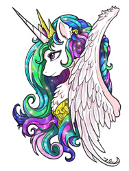 Size: 900x1200 | Tagged: safe, artist:joselyn565, imported from derpibooru, princess celestia, pony, bust, cheek fluff, chest fluff, ear fluff, female, mare, portrait, profile, simple background, solo, white background, wing fluff