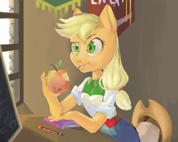 Size: 1000x800 | Tagged: safe, artist:dogs4life123, imported from derpibooru, applejack, anthro, apple, clothes, equestria girls outfit, female, food, no more ponies at source, solo