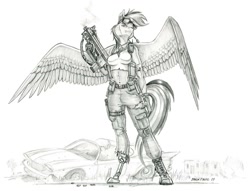 Size: 1400x1071 | Tagged: safe, artist:baron engel, imported from derpibooru, rainbow dash, anthro, pegasus, unguligrade anthro, amputee, breasts, bullpup rifle, car, clothes, female, gun, mare, midriff, monochrome, pants, patreon, patreon reward, prosthetic leg, prosthetic limb, prosthetics, scar, sketch, solo, story in the comments, story in the source, submachinegun, tanktop, traditional art, trigger discipline, weapon, wreck