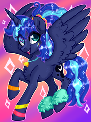 Size: 3000x4000 | Tagged: safe, artist:annakitsun3, imported from derpibooru, princess luna, alicorn, pony, between dark and dawn, 80s princess luna, cute, eye clipping through hair, female, happy, looking at you, mare, open mouth, smiling, solo, spread wings, wings