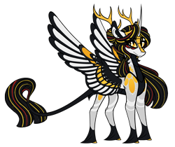 Size: 1800x1511 | Tagged: safe, artist:australian-senior, imported from derpibooru, oc, oc only, oc:niomedes invictus, alicorn, kirin, pony, kirindos, colored wings, female, glados, golden eyes, leonine tail, mare, multicolored wings, portal (valve), redesign, solo, unshorn fetlocks, wings