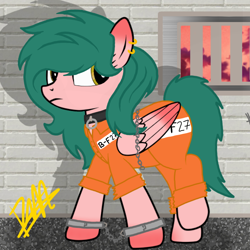 Size: 768x768 | Tagged: safe, artist:thunder burst, imported from derpibooru, oc, oc only, pegasus, pony, clothes, collar, cuffs, female, mare, prison, prison outfit, solo