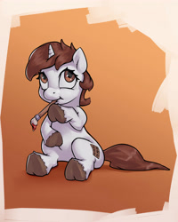 Size: 4000x5000 | Tagged: safe, artist:eugene, imported from derpibooru, oc, oc only, oc:dorm pony, pony, unicorn, brown eyes, brown mane, chibi, cute, digital art, paintbrush, sitting, solo, thinking