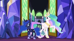 Size: 1920x1080 | Tagged: safe, imported from derpibooru, screencap, princess celestia, princess luna, pony, between dark and dawn, twilight's castle