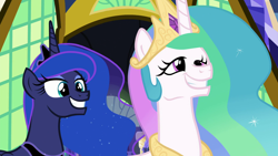 Size: 1920x1080 | Tagged: safe, imported from derpibooru, screencap, princess celestia, princess luna, pony, between dark and dawn, season 9, spoiler:s09, faic, great moments in animation, grin, royal sisters, smiling