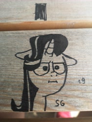 Size: 5472x7296 | Tagged: safe, artist:porschepegasus, imported from derpibooru, starlight glimmer, pony, unicorn, bench, black and white, bust, europe, floppy ears, grayscale, head, i mean i see, irl, marker, marker on wood, monochrome, photo, serious, serious face, vandalism, wood, wood surface