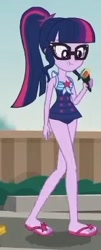 Size: 140x346 | Tagged: safe, imported from derpibooru, screencap, sci-twi, twilight sparkle, equestria girls, equestria girls series, x marks the spot, clothes, cropped, feet, female, flip-flops, food, solo, sushi, swimsuit