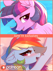 Size: 2082x2809 | Tagged: safe, artist:fensu-san, imported from derpibooru, rainbow dash, twilight sparkle, alicorn, anthro, pony, advertisement, anthro with ponies, blushing, cute, heart eyes, looking at you, patreon, patreon logo, paywall content, tan, tongue out, twilight sparkle (alicorn), water, wingding eyes