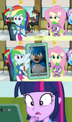 Size: 1280x2142 | Tagged: safe, edit, edited screencap, imported from derpibooru, screencap, aqua blossom, drama letter, fluttershy, rainbow dash, sophisticata, spike, twilight sparkle, watermelody, dog, equestria girls, rainbow rocks, rainbow dash phone meme, sonic movie 2020, sonic the hedgehog, sonic the hedgehog (series), spike the dog, ugly sonic