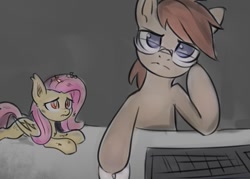 Size: 869x622 | Tagged: safe, artist:inowiseei, imported from derpibooru, fluttershy, oc, bat pony, pony, bat ponified, colored pupils, computer, computer mouse, cute, dirty, duo, ear tufts, flutterbat, frown, glare, glasses, gray background, injured, keyboard, leaning, lidded eyes, looking at you, looking up, messy mane, micro, no pupils, prone, race swap, sad, sadorable, shyabetes, simple background, trash