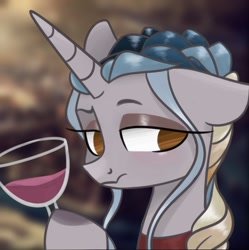 Size: 1240x1246 | Tagged: safe, artist:herfaithfulstudent, imported from derpibooru, oc, oc only, oc:lannister, pony, unicorn, alcohol, collar, hoof hold, solo, wine