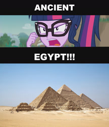 Size: 1617x1872 | Tagged: safe, edit, edited screencap, editor:sonic ranger, imported from derpibooru, screencap, sci-twi, twilight sparkle, equestria girls, equestria girls series, friendship math, ancient egypt, atop the fourth wall, dramatic widescreen, fist up, linkara, pyramid