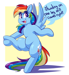 Size: 1929x2112 | Tagged: safe, artist:graphene, imported from derpibooru, rainbow dash, pegasus, pony, atg 2019, cute, dialogue, female, mare, newbie artist training grounds, raised leg, solo, spread wings, standing, standing on one leg, talking, wings