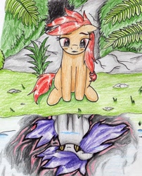 Size: 1876x2319 | Tagged: safe, artist:40kponyguy, derpibooru exclusive, imported from derpibooru, oc, oc only, oc:safe haven, earth pony, pony, floppy ears, grass, looking down, reflection, solo, traditional art, water