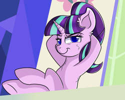 Size: 3000x2400 | Tagged: safe, artist:rainbowtashie, imported from derpibooru, starlight glimmer, pony, unicorn, the cutie re-mark, cheek fluff, chest fluff, crossed legs, female, hooves behind head, hooves on the table, mare, s5 starlight, scene interpretation, simple background, smiling, smirk, smug, smuglight glimmer, solo, welcome home twilight