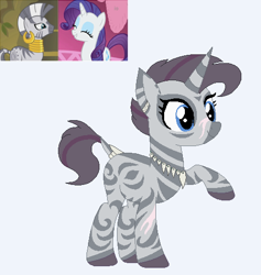 Size: 480x506 | Tagged: safe, artist:funny-arts, artist:selenaede, imported from derpibooru, rarity, zecora, oc, oc:wyld style, hybrid, pony, unicorn, zebra, zebracorn, zony, base used, ear piercing, earring, eyes closed, eyeshadow, female, interspecies, interspecies offspring, jewelry, lesbian, magical lesbian spawn, makeup, mare, neck rings, necklace, offspring, parent:rarity, parent:zecora, parents:raricora, piercing, raised hoof, raricora, scar, shipping, simple background, teeth, white background