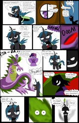 Size: 3027x4744 | Tagged: safe, artist:mad-mutt, imported from derpibooru, queen chrysalis, spike, twilight sparkle, changeling, changeling queen, dragon, pony, unicorn, comic, female, incineration, male, mare