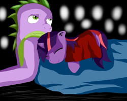 Size: 3366x2685 | Tagged: safe, artist:mad-mutt, imported from derpibooru, spike, twilight sparkle, dragon, pony, blanket, female, mare, older, older spike, sleeping