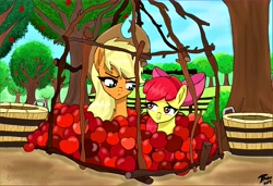 Size: 12600x8600 | Tagged: safe, artist:brekrofmadness, imported from derpibooru, apple bloom, applejack, pony, going to seed, absurd resolution, apple, apple tree, food, male, scene interpretation, trap (device), trapped, tree