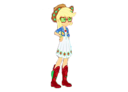 Size: 2100x1500 | Tagged: safe, artist:sunsetshimmertrainz1, edit, edited screencap, imported from derpibooru, screencap, applejack, equestria girls, festival filters, spoiler:eqg series (season 2), apple, applejack's hat, background removed, boots, cowboy boots, cowboy hat, female, food, glasses, hand on hip, hat, music festival outfit, not a vector, shoes, simple background, solo, transparent background