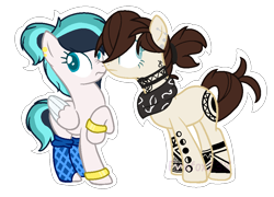 Size: 946x680 | Tagged: safe, artist:firefox238, artist:lullabyprince, imported from derpibooru, oc, oc only, oc:blueberry rain, oc:tatiana (ice1517), earth pony, pegasus, pony, bandana, base used, boop, bracelet, clothes, ear piercing, earring, female, jewelry, lesbian, mare, noseboop, oc x oc, piercing, ponytail, raised hoof, scrunchy face, shipping, simple background, socks, tattoo, transparent background