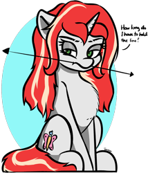 Size: 2871x3348 | Tagged: safe, artist:topicranger, imported from derpibooru, oc, oc only, pony, unicorn, equestria daily, atg 2019, blue background, chest fluff, colored, cropped, eyebrow slit, eyebrow slits, eyebrows, female, flat colors, green eyes, long hair, mare, newbie artist training grounds, not amused face, pun, red mane, simple background, simple shading, sitting, solo, transparent, unamused, white pony