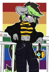 Size: 1445x2131 | Tagged: safe, artist:spoopygander, imported from derpibooru, oc, oc only, oc:elli, anthro, bee, earth pony, bag, bedroom eyes, belly button, clothes, cute, eyeshadow, female, jacket, jewelry, key, keychain, makeup, midriff, multicolored hair, necklace, pants, rainbow, shirt, short shirt, skull, smug, solo, sweater, t-shirt, turtleneck