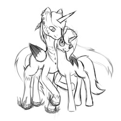 Size: 2000x2000 | Tagged: safe, artist:tunrae, imported from derpibooru, oc, oc only, oc:darkstar, oc:qc, alicorn, pony, unicorn, commission, female, male, mare, piercing, sketch, stallion