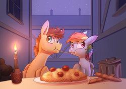 Size: 3508x2480 | Tagged: safe, artist:underpable, imported from derpibooru, rainbow dash, oc, oc:skittle, pony, canon x oc, commission, duo, female, food, lady and the tramp, male, movie reference, parody, pasta, reference, skidash, spaghetti, straight