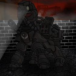 Size: 2000x2000 | Tagged: safe, artist:devorierdeos, imported from derpibooru, oc, oc only, earth pony, pony, fallout equestria, armor, fanfic, fanfic art, gun, hooves, ministry of wartime technology, power armor, rocket launcher, solo, steel ranger, weapon