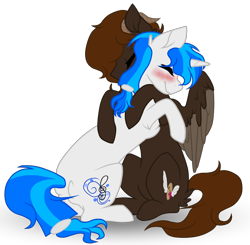 Size: 1024x1002 | Tagged: safe, artist:seaswirlsyt, imported from derpibooru, oc, oc only, oc:blue note, pegasus, pony, unicorn, female, hug, mare, simple background, transparent background