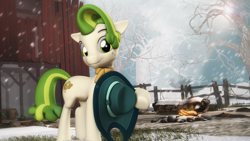 Size: 1920x1080 | Tagged: safe, artist:star-lightstarbright, imported from derpibooru, pistachio, earth pony, pony, best gift ever, 3d, cottagecore, fire, hat, looking at you, male, smiling, snow, solo, source filmmaker, stallion