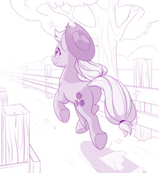 Size: 1280x1390 | Tagged: safe, alternate version, artist:dstears, imported from derpibooru, applejack, earth pony, pony, atg 2019, facing away, female, fence, heart, heart hoof, hoof heart, mare, newbie artist training grounds, rear view, solo, tree